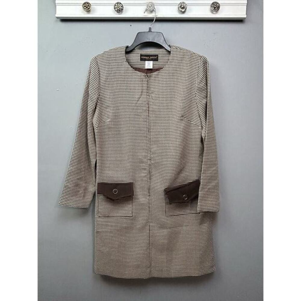 VTG Donna Ricco Sheath Dress Womens Size 12 Brown Houndstooth Wool Pockets Zip